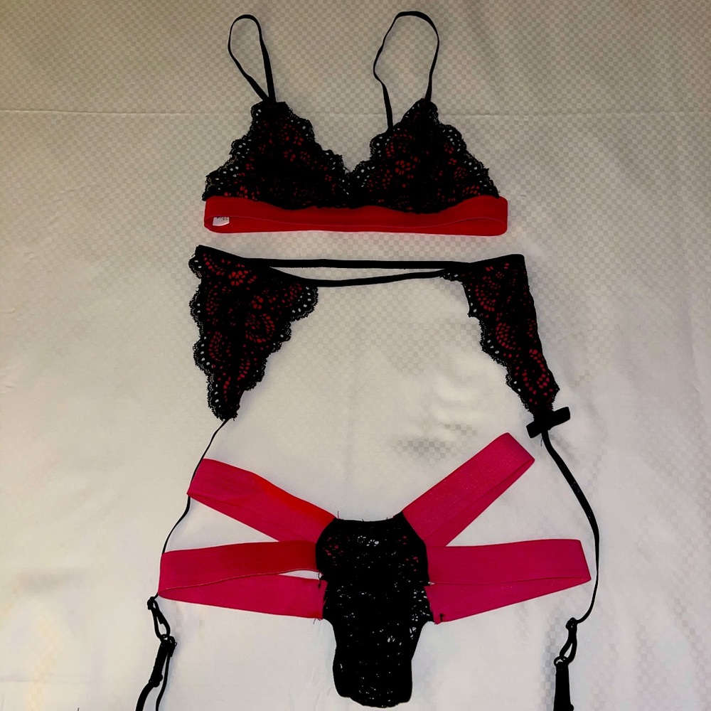 Pink and black 3 piece lingerie